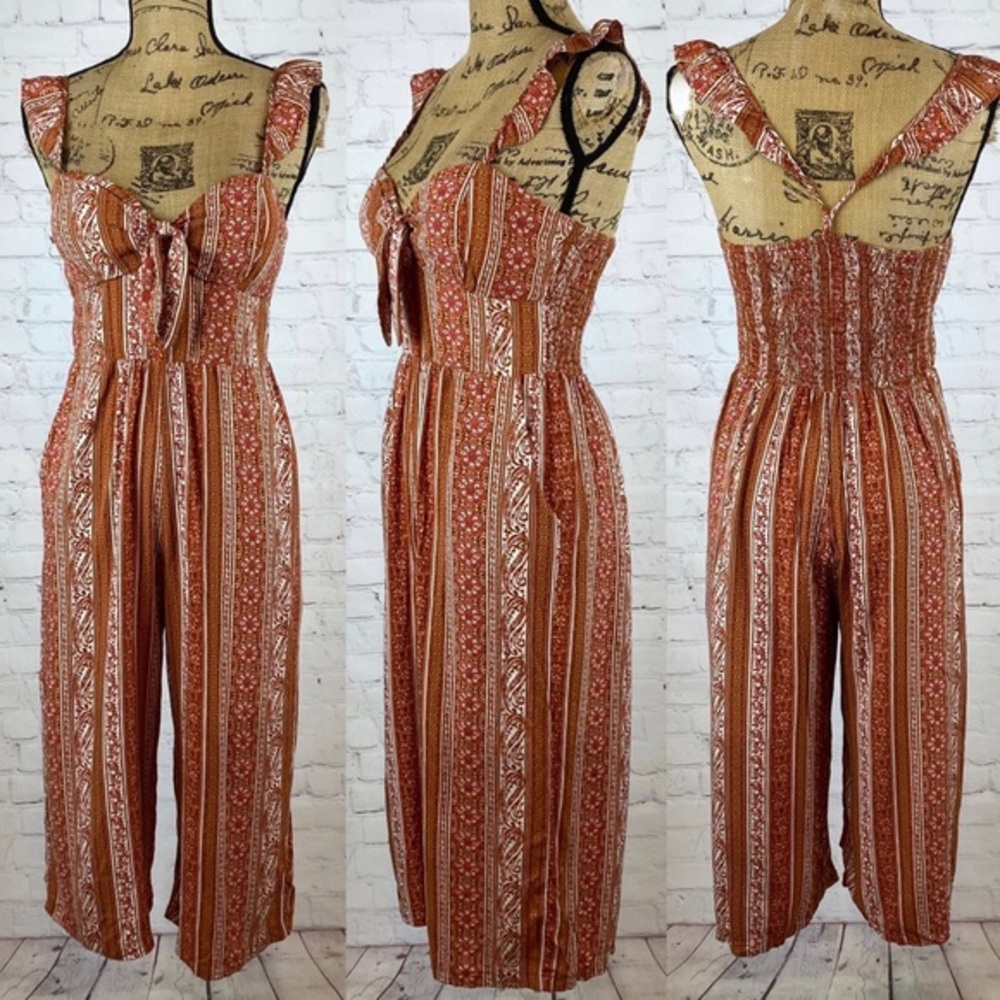 AUW Brown Boho Striped Bustier Capris Jumpsuit